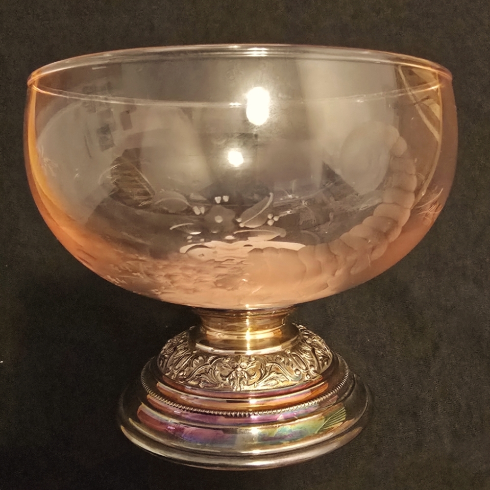 Topazio Etched Pink Glass Bowl with Sterling Silver Base made in Portugal